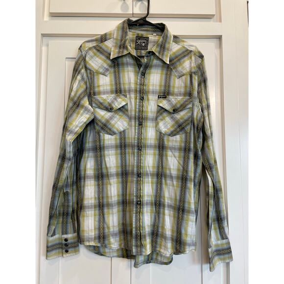 Southern Thread white/green/black plaid pearl snap western shirt L 100% Cotton - Picture 1 of 9